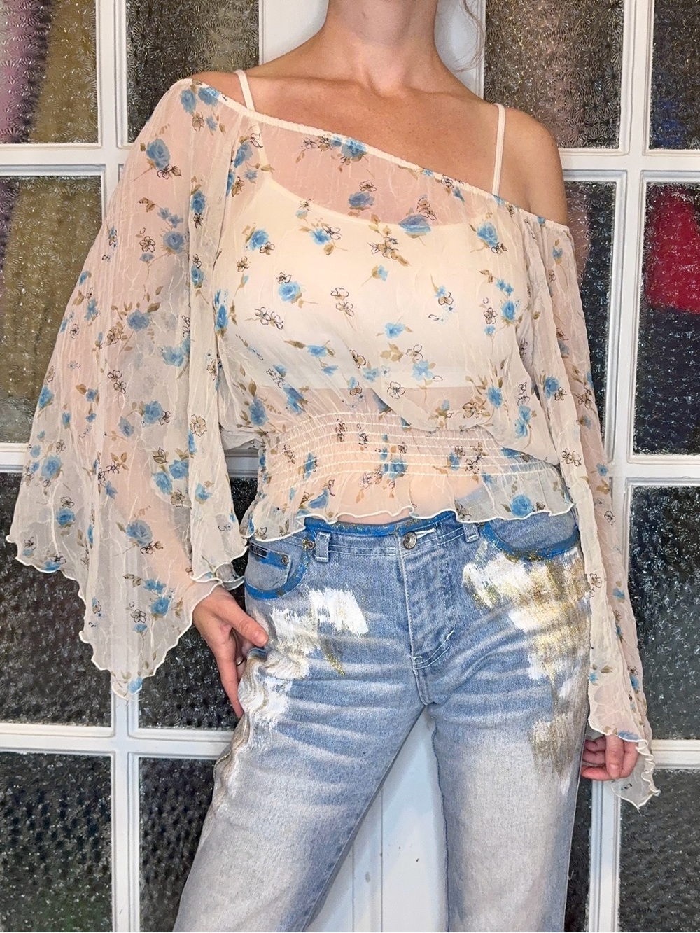 Cream Floral Sheer Fairy Blouse with bell sleeves and shirred waist